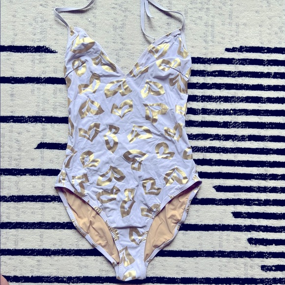 J Crew gold foil and white one-piece swimsuit. - Picture 2 of 4